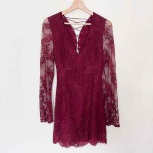maroon long sleeve lace up minidress